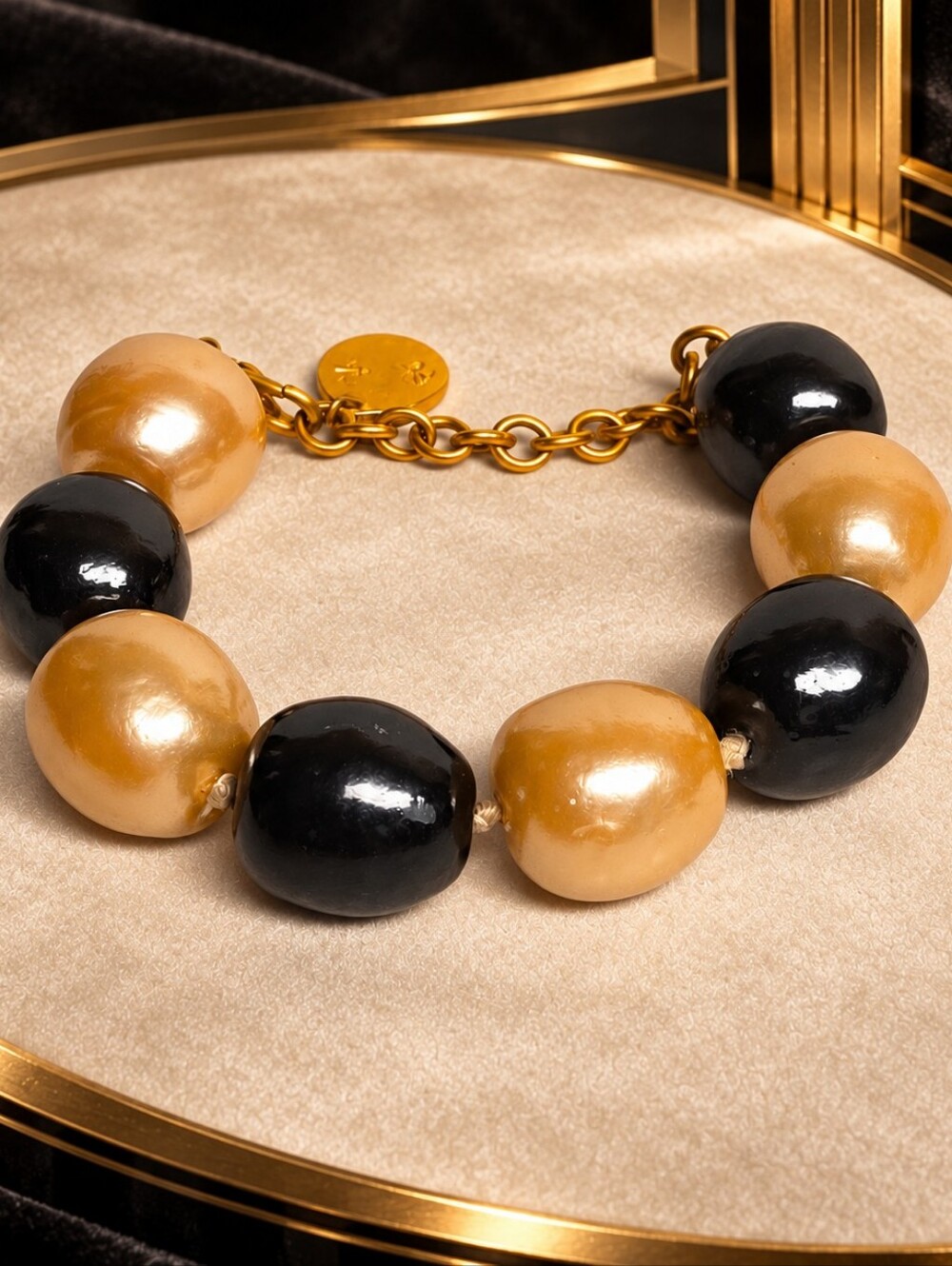 Rare Vintage Karl Lagerfeld Signed Oversized Faux Pearl Bracelet Black Gold